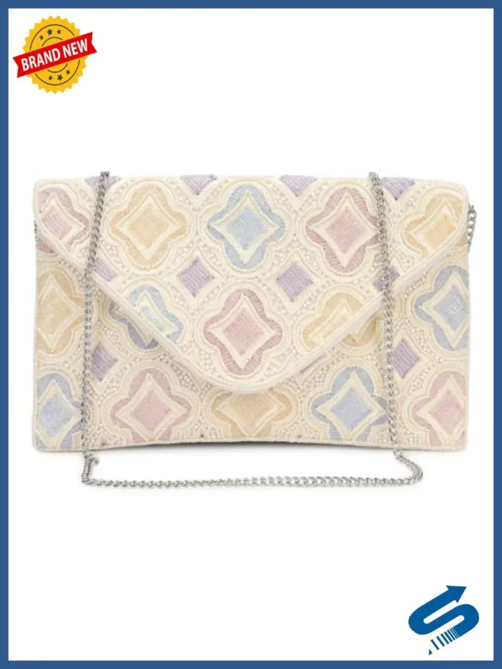Beaded Evening Clutch with Detachable Chain Strap - Geometric Pattern Handbag